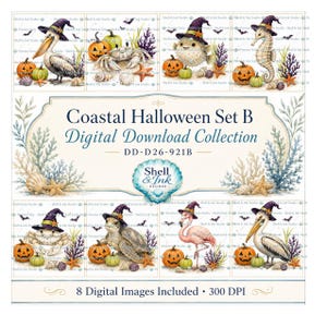 以下が含まれることがあります： Coastal Halloween Set Bと題されたデジタルダウンロードコレクション。ペリカン、カニ、フグ、タツノオトシゴ、カメ、フラミンゴなどの海の生き物が紫色の魔女の帽子をかぶり、カボチャや貝殻と一緒に描かれた8つのイラストが含まれています。