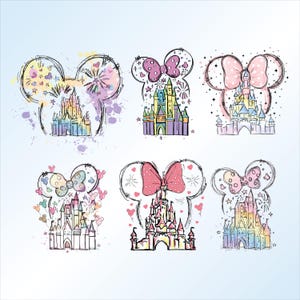 Könnte beinhalten: Sechs bunte Illustrationen eines Comic-Mauskopfes mit Schleife und einem Schloss im Hintergrund. Der Mauskopf hat die Form von Mickey Mouse-Ohren. Das Schloss ist eine stilisierte Version von Aschenputtels Schloss. Die Illustrationen sind im Aquarellstil gehalten.