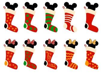 Medias navideñas Mickey y Minnie (Svg, Png), diseño de calcetines (Svg), temporada navideña (Svg)