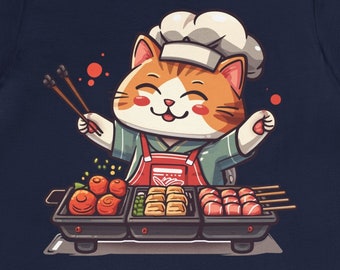 Kawaii Yakitori Chef Cat Short Sleeve Tee - Japan Japanese Manga Anime Style Cat Lover Owner Gift Happy Neko Cute