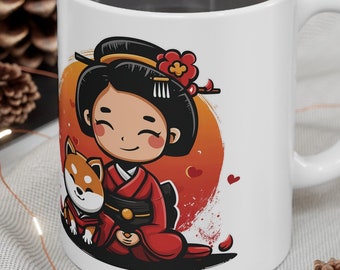 Shiba Inu & Geisha Kawaii Ceramic Mug 11oz - Manga Anime Style - Torii Gate - Cute Dog Owner Lover Gift - Japan Japanese Maiko Kimono