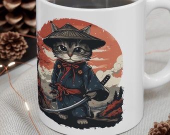 Samurai Cat Kawaii Ceramic Mug 11oz - Manga Anime Style - Torii Gate - Cute Cat Owner Lover Gift - Japan Japanese Shogun Katana Neko