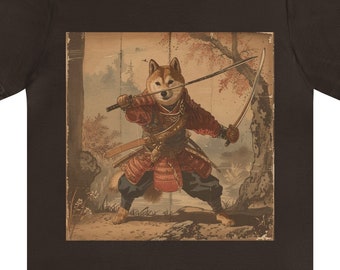 Samurai Shiba Inu T-Shirt Short Sleeve Tee - Dog Lover Owner Gift - Japan Japanese Retro Antique Edo Ukiyo-e Woodblock Print Scroll