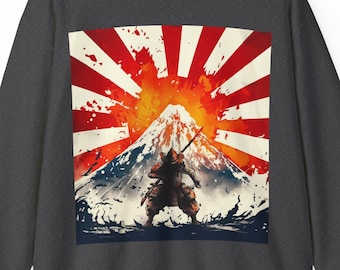 Hinomoto Samurai Japan Crewneck Sweatshirt - Mt. Fuji - Hinomaru Japanese Rising Sun Imperial Naval Flag Fujisan Long Sleeve Sweater Shogun