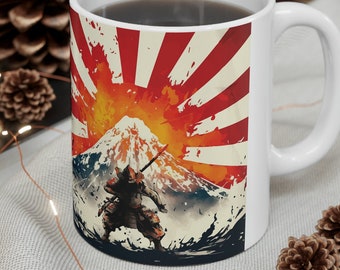 Hinomoto Samurai Japan 11oz Ceramic Mug - Mt. Fuji - Hinomaru Japanese Rising Sun Imperial Naval Flag Fujisan Shogun - Coffee Tea Cocoa