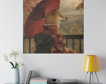 Shiba Inu Geisha Maiko Matte Canvas, Stretched, 0.75" - Japan - Japanese Wall Art Decor Woodblock Print Painting Retro Antique Doge