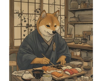 Shiba Inu Sushi Chef Matte Square Posters - Edo-period Ukiyo-e Style Print - Japanese Wall Art Decor - Dog Lovers Owners Gift