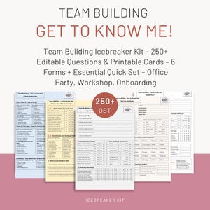 May include: A promotional image for a team-building icebreaker kit. The text reads "Team Building Get to Know Me!" and highlights the kit's features: 250+ editable questions, printable cards, and six forms. The kit is designed for office parties, workshops, and onboarding.