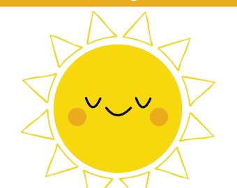 May include: A cheerful cartoon sun with a smiling face, closed eyes, and rosy cheeks. The sun is yellow with triangular rays around the perimeter. The text "SVG - PNG - JPG - PDF" is at the top.