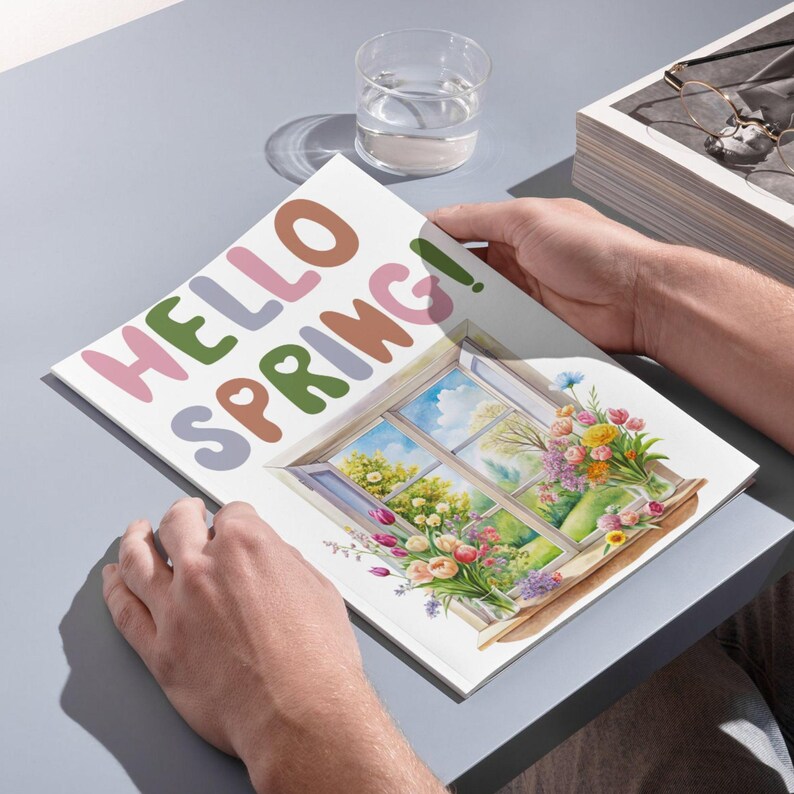 Printable Window Spring Scene Watercolor Spring Window Clipart: Floral Landscape PNG Graphics ...
