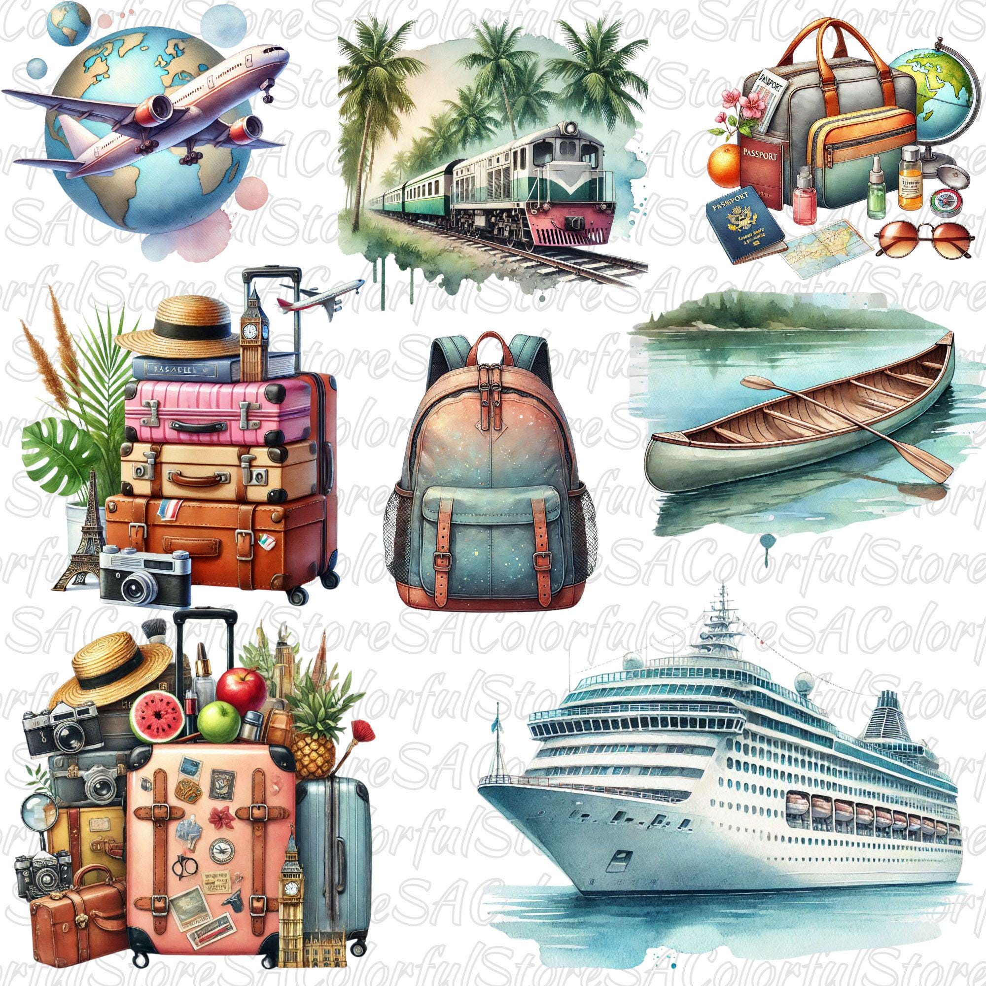 Watercolor Travel Clipart: Vacation Graphics, Landmarks, Luggage (PNG ...
