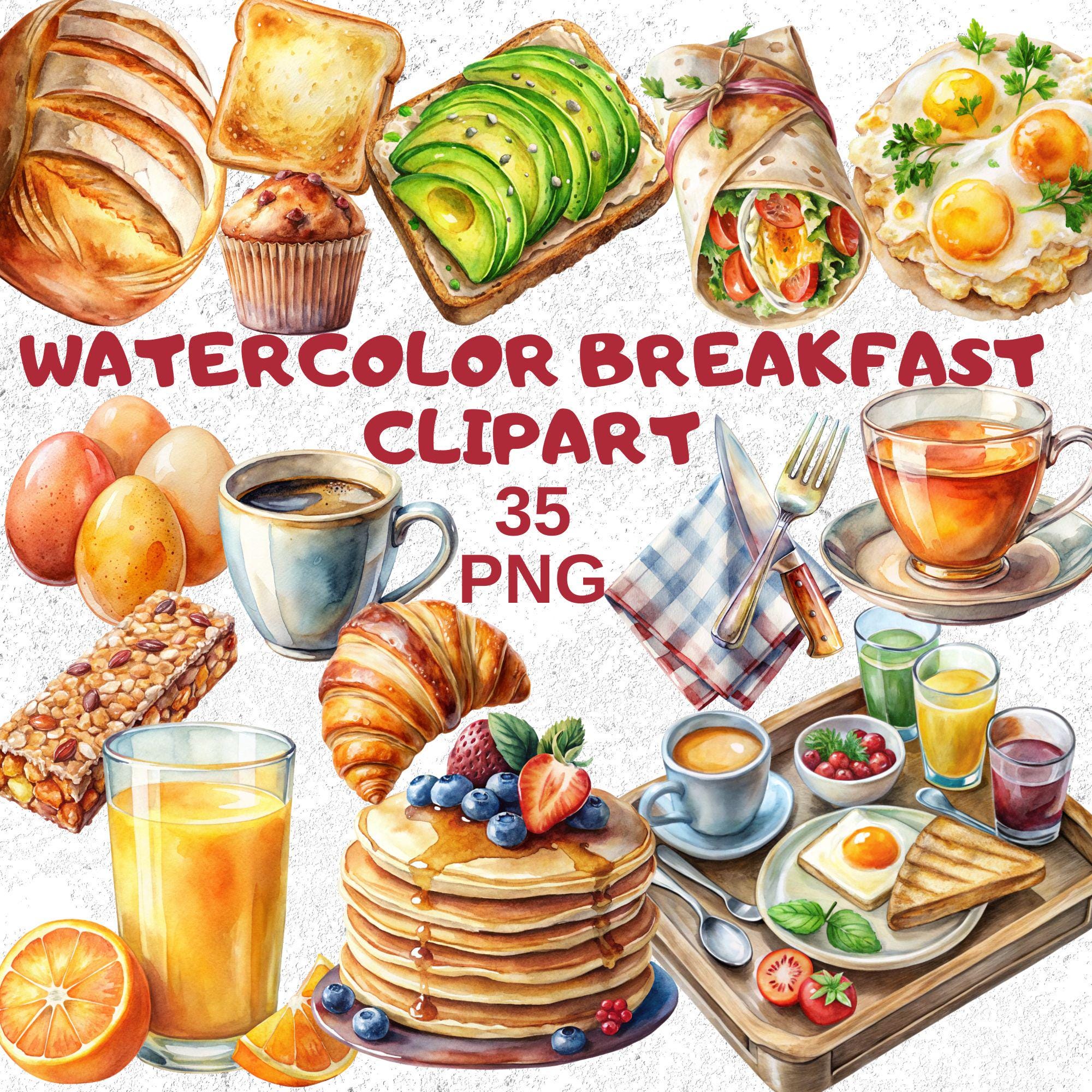 35 種類の水彩画風朝食クリップアート PNG、かわいい食べ物