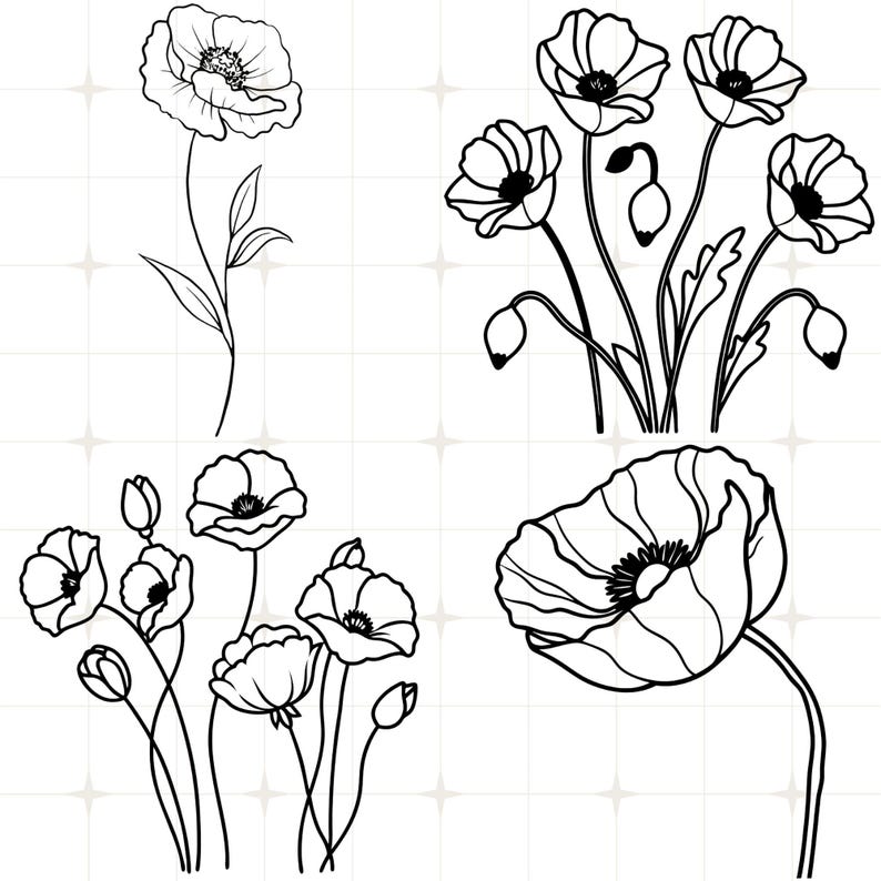 Poppy Cut Files Poppy Flower SVG Bundle: Hand-drawn Outline Designs (digital Download ...
