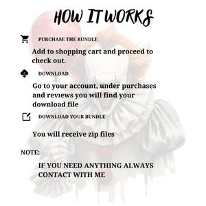 Puede incluir: Imagen con texto que explica c&oacute;mo comprar y descargar un paquete, sobre un fondo de payaso aterrador. El texto incluye instrucciones como "COMPRAR EL PAQUETE" y "DESCARGAR SU PAQUETE". Las palabras "C&Oacute;MO FUNCIONA" est&aacute;n en la parte superior.