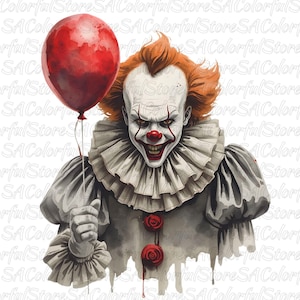 May include: Illustration of a menacing clown with orange hair, white face paint, and a red nose and mouth. The clown is holding a red balloon. The clown is wearing a ruffled collar and a gray and white outfit. The image has a horror theme.