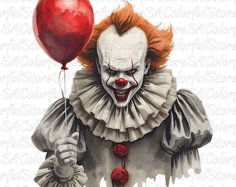 Scary Clown Clipart with Red Balloon PNG, Creepy Horror Clown, Halloween Sublimation, Commercial Use