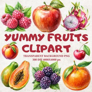52 Watercolor Fruit Clipart PNG: Apple, Banana, Strawberry (Digital Download)