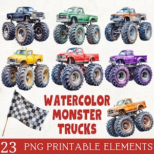 Watercolor Monster Truck Clipart Bundle: Nursery Decor PNG Files (Digital Download)