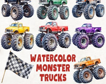 Watercolor Monster Truck Clipart Bundle: Nursery Decor PNG Files (Digital Download)