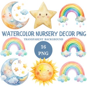 Watercolor Nursery Clipart: Rainbow, Sun & Moon Designs (PNG, JPG, PDF)