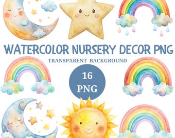 Watercolor Nursery Clipart: Rainbow, Sun & Moon Designs (PNG, JPG, PDF)