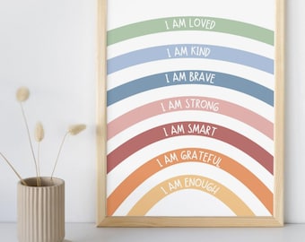 Rainbow Affirmation Nursery Art: Kind, Brave, Loved (Digital Download)