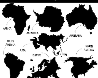 7 Continents Silhouette Clipart Bundle, World Map (svg, png, jpg, pdf), Commercial Use