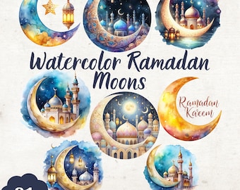 Watercolor Ramadan Moon Clipart: Islamic PNG Bundle (Digital Download)