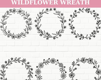 Wildflower-krans SVG PNG-bundel: handgetekende bloemenframes (digitale download)