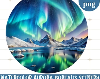 Watercolor Aurora Borealis Clipart Bundle: Northern Lights Scenery (PNG Digital Download)