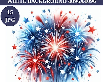 Aquarel vuurwerk clipart, patriottische 4 juli ontwerpen (digitale download)