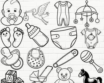 May include: A set of 14 black and white illustrations of baby items, including a baby, a baby bottle, a diaper, a rattle, a pacifier, a bib, a stroller, a rocking horse, a teddy bear, a mobile, a onesie, a pair of baby feet, a bird, and a safety pin. The illustrations are in a simple, cartoon style.