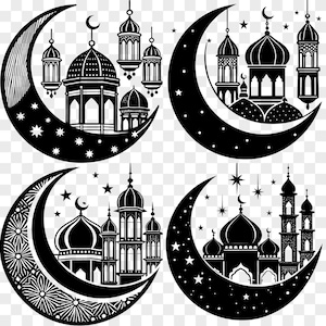 May include: Four black and white illustrations of crescent moons with stars and mosques. Each illustration features a different mosque design.