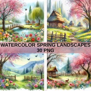 Watercolor Spring Landscape Clipart: 30 PNG Illustrations (Digital Download)