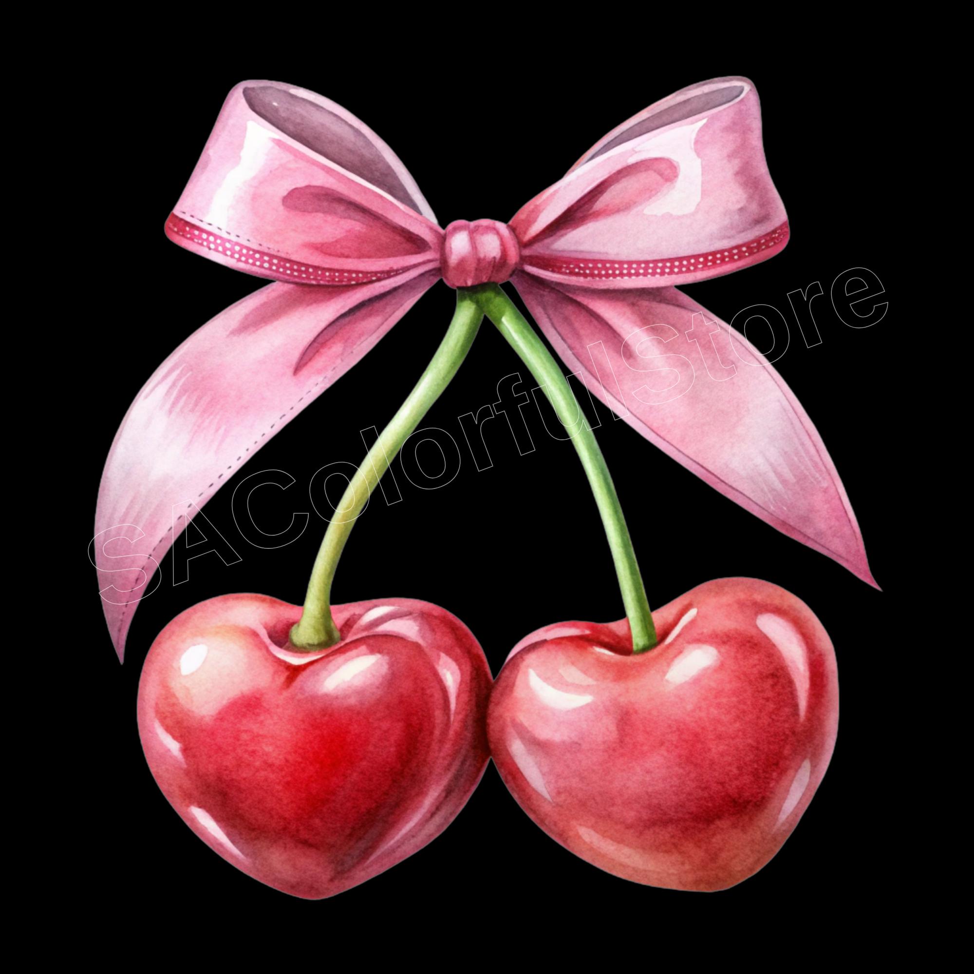 Watercolor Cherry Bow Clipart: Coquette Pink Ribbon Design (PNG Digital ...