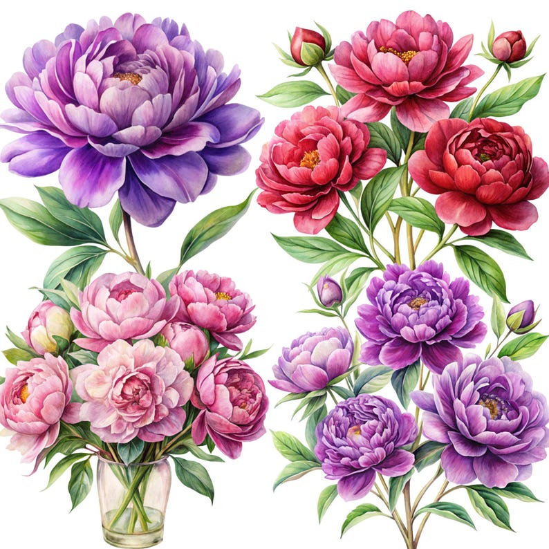 Watercolor Peonies Clipart Bundle: Boho Floral PNG & JPG (digital ...