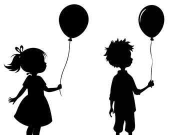Kids with Balloons SVG PNG Bundle: Silhouette Clipart for Cricut