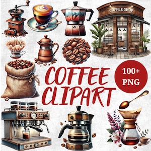 May include: A collection of 100+ coffee clipart images in PNG format. The clipart includes a coffee shop, coffee beans, a coffee pot, a coffee cup, a coffee grinder, a coffee maker, and a coffee filter.
