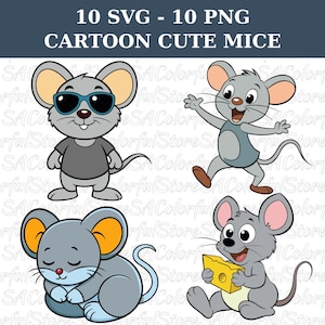 Cartoon Cute Mouse 10 PNG 10 SVG, Adorable Mouse Clip Art Bundle, Funny Mouse Illustrations, Kids Animal Clipart for Crafts, Nursery Decor