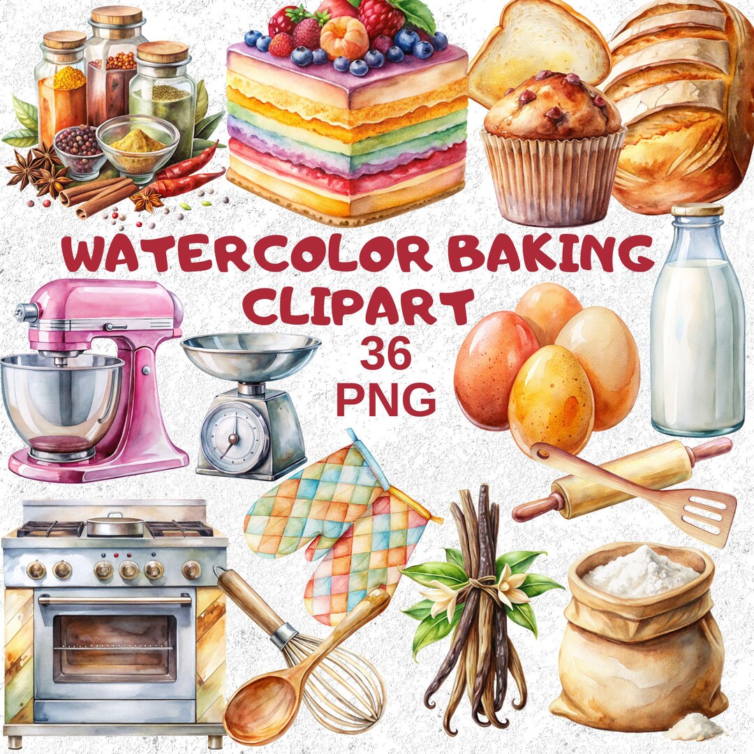 kitchen printable poster bakery print with watercolor... Watercolor Baking Clipart: 36 Kitchen & Food PNG Illustrations (digital ...