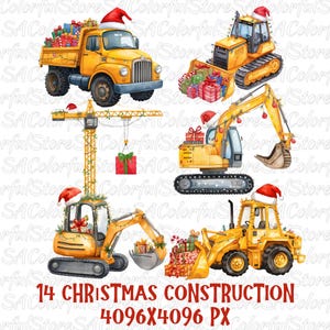 Akvarell jul byggbilar PNG-paket, grävmaskin, bulldozer, kran, dumper jul Clipart