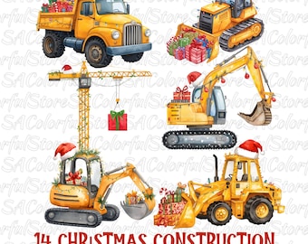 Watercolor Christmas Construction Trucks PNG Bundle, Excavator, Bulldozer, Crane, Dump Truck Christmas Clipart