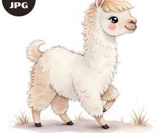 Akvarell Lama Clipart Bundle, Barnkonst (Digital Nedladdning