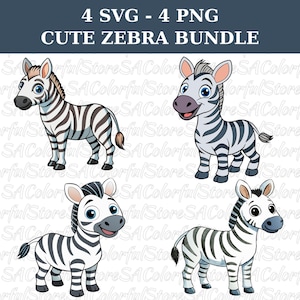 Cute Zebra SVG and PNG Bundle, 4 Cartoon Zebra Clipart, Zebra Cut Files For Cricut, Jungle Safari Clipart for Kids, Nursery Decor, Crafts