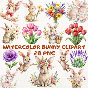 Clipart aquarel konijntje: pastel lentebloemen, png (digitale download, 4000 x 4000 px)