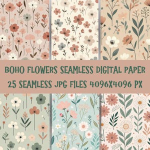 25 Boho Flowers Seamless Digital Paper jpg Printable Summer Floral Scrapbook Paper Printable Watercolor Clipart Boho Spring Flower Pattern