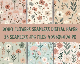 Boho Floral Digital Paper: Seamless Spring Flower Patterns (JPG Printable)