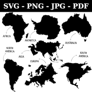 Może przedstawiać: Czarno-biała grafika wektorowa kontynentów świata. Każdy kontynent jest oznaczony strzałką. Tekst "SVG - PNG - JPG - PDF" znajduje się na górze obrazu.