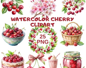 Watercolor Cherry Clipart Bundle: Blossom, Fruit, Floral (PNG Digital Art)
