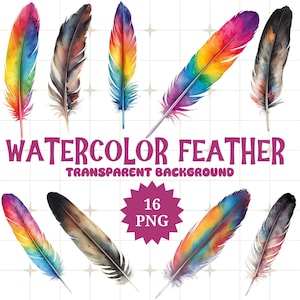 May include: A collection of watercolour feathers in a range of colours, including rainbow shades. The image features the text "Watercolor Feather Transparent Background" and a badge that says "16 PNG". The feathers display a mix of bright and subdued tones.